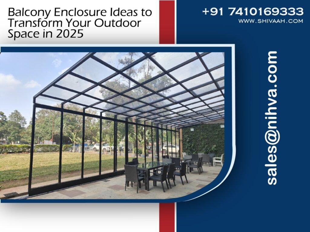 Modern glass balcony enclosure with panoramic view by SHIVAAH